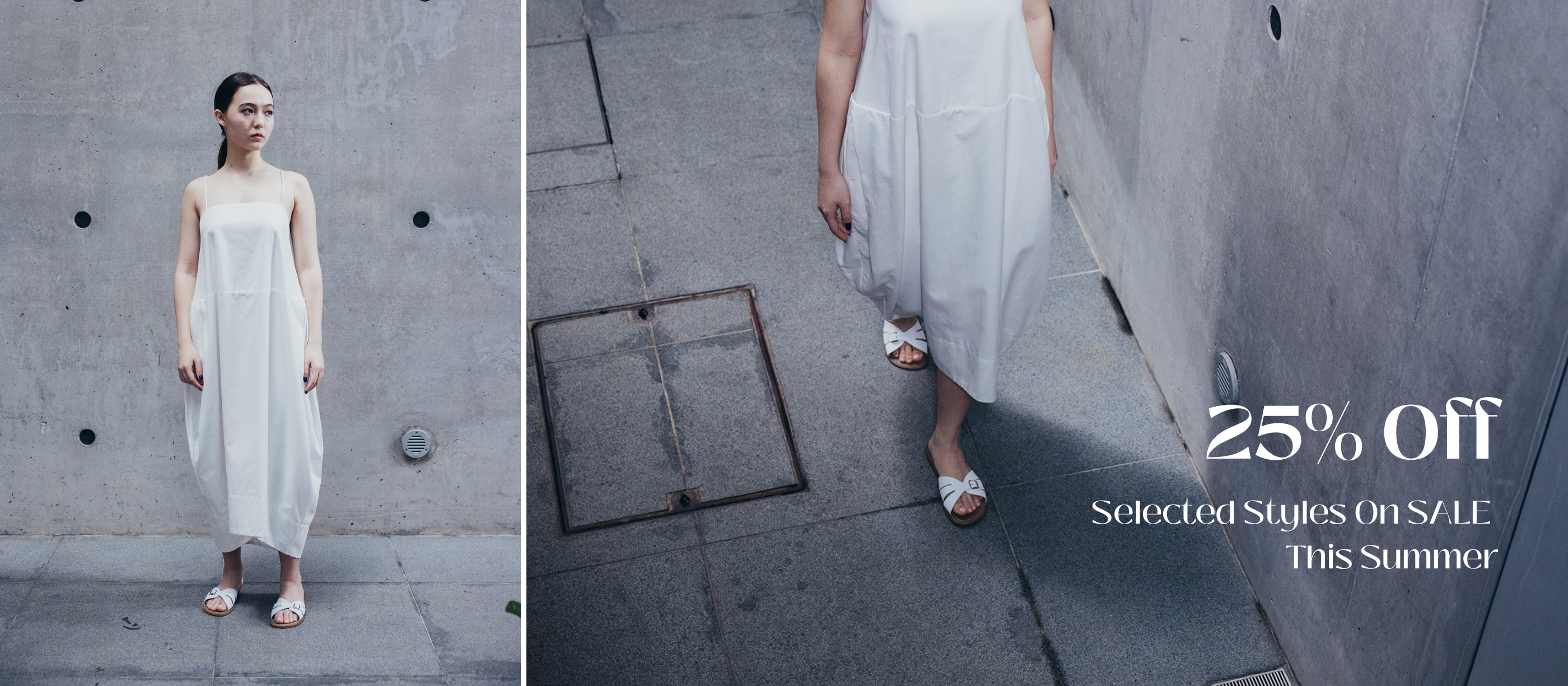 Woman in a white dress and white leather slider sandals standing against a concrete wall with a discount offer text overlay.