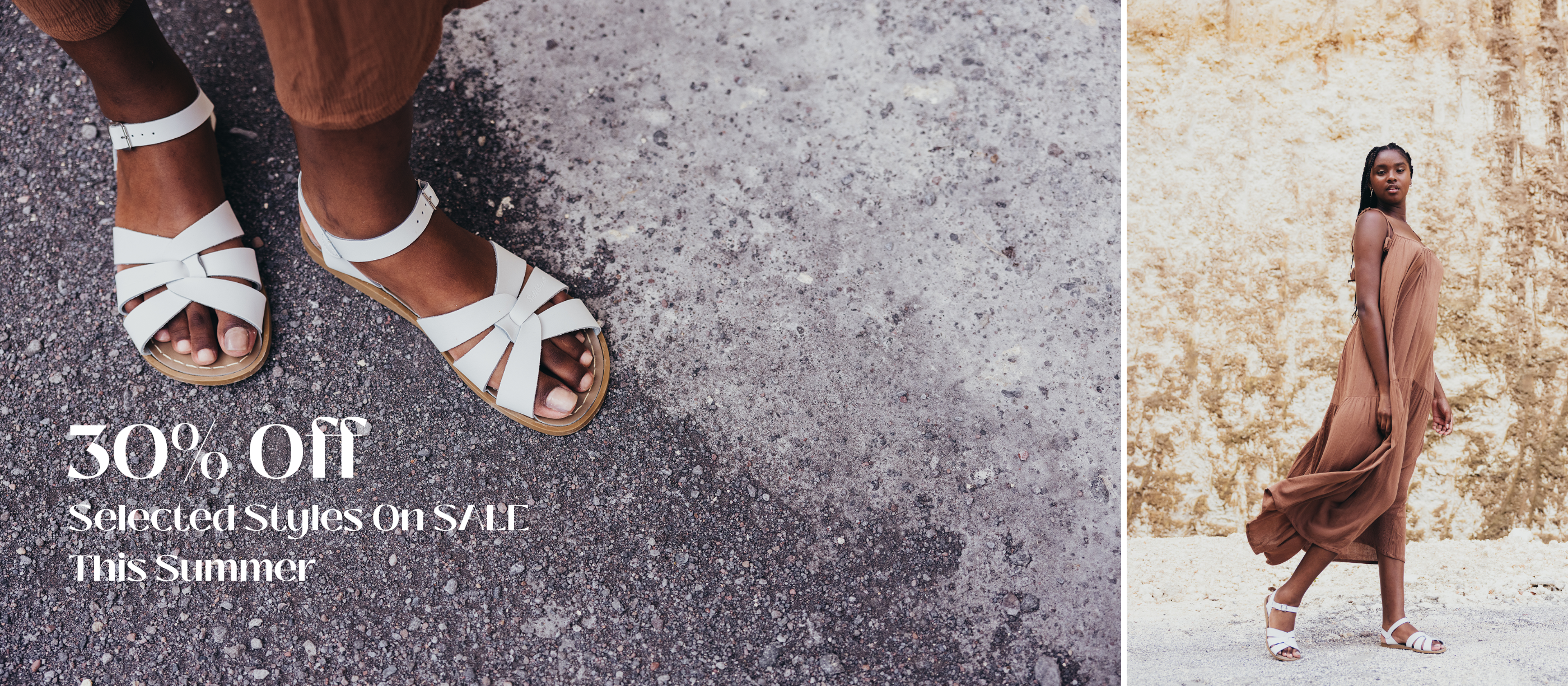 Promotional banner with white sandals on a concrete floor and a woman in a brown dress against a textured wall.
