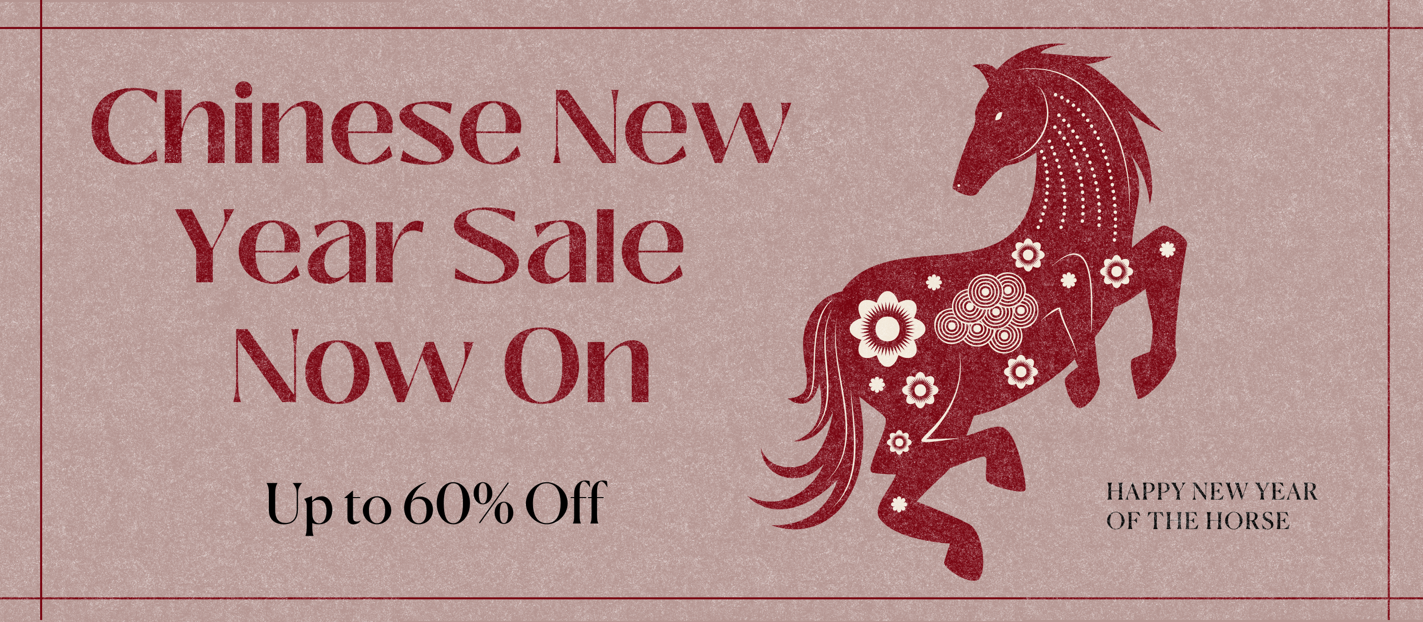 Promotional banner for Salt-Water Sandals Chinese New Year Sale with a horse illustration on a beige background.